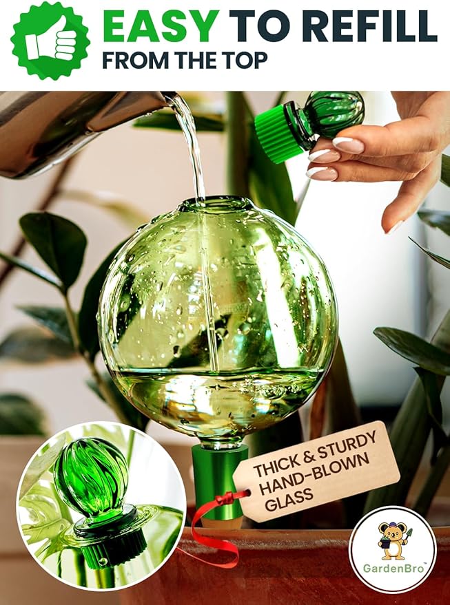 16 Oz Plant Watering Globes for Indoor Plants with Terracotta Self Watering Planter Insert - Hand-Blown XL Glass Globes - Automatic Indoor Planter Waterer, Gift Idea for Gardeners [1, Emerald]