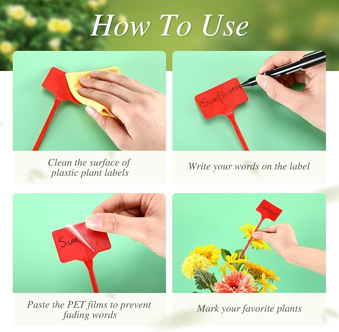 Marsui 202 Pcs Large Plant Labels Kit, Include 100 Outdoor Plastic Plant T Type Tags Waterproof Reusable Plant Markers Stakes, 100 PET Films and 2 Marker Pens for Herbs Pot(Red,6 Inch)