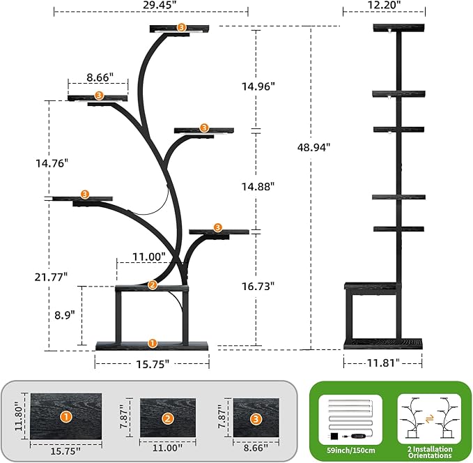BACEKOLL Plant Stand Indoor with Grow Lights, 7 Tiered Indoor Plant Shelf, 49" Corner Plant Stands for Indoor Plants, Metal Plant Flower Display Shelf, Tree-Shaped Plant Rack for Home, Black