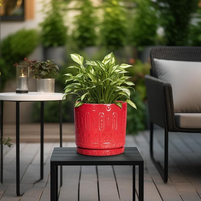 Eightpot Ceramic Plant Pots, 8 Inch Plant Pots Indoor Outdoor, Round Flower Pot with Drainage Hole and Sacuer, Boho Pot for Plants, Decorative Planter, Home Room Bathroom Decor, Garden Gifts, Red