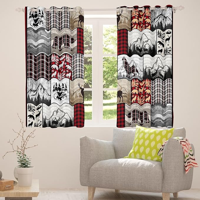 Feelyou Kids Plaid Deer Elk Bear Wolf Curtains Room Decor Rustic Cabin Farm Forest Camping Hunting Blackout Curtain Boys Farm Forest Darkening Drapes Farmhouse Window Treatment, 2 Panels 52 x 84 Inch