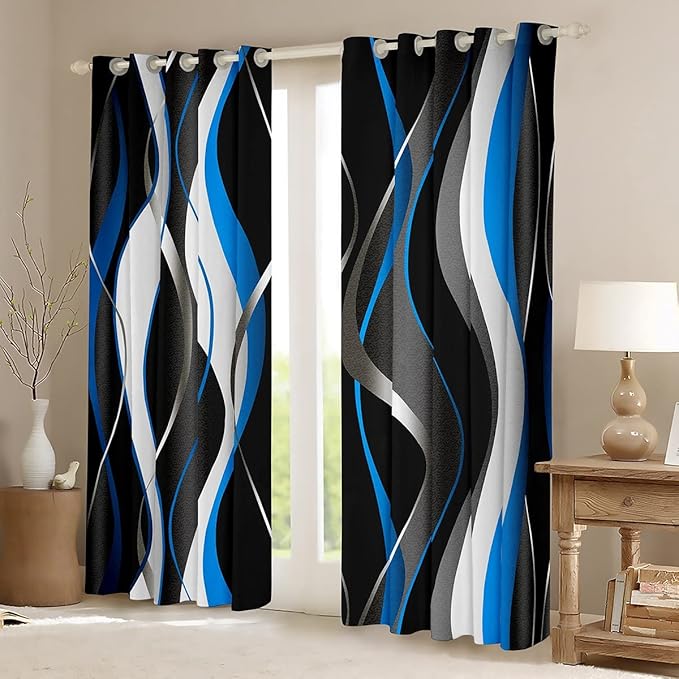 Feelyou Blue Black Curtains Geometric Spiral Pattern Window Drapes for Kids Boys Girls Modern Abstract Blackout Curtain Grey White Window Treatments 38W X 54L，2 Panels