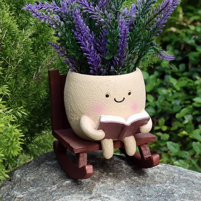 Dolkgy Cute Face Planters Succulent Pots, Funny Rocking Chair Reading Head Flower Planter Cactus Pot with Drainage Hole for Indoor Outdoor Plants, Unique Plant Lover Gifts