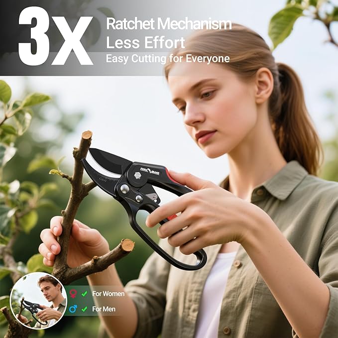 FLORA GUARD Ratchet Pruning Shears for Easy Cutting, Heavy Duty Garden Clippers for Thick Branches, 3-Step Ratcheting Hand Pruners for Weak Hands, Seniors & Gardening