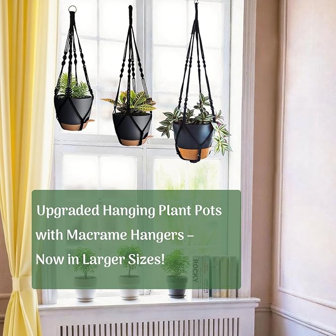 Bouqlife 3 Pack Self Watering Hanging Planters Macrame Plant Hangers with Indoor Flower Pots 10" / 8" / 7", 3 Different Size Hanging Basket, Plant Hanger with Hooks for Garden Home Decor Black Large