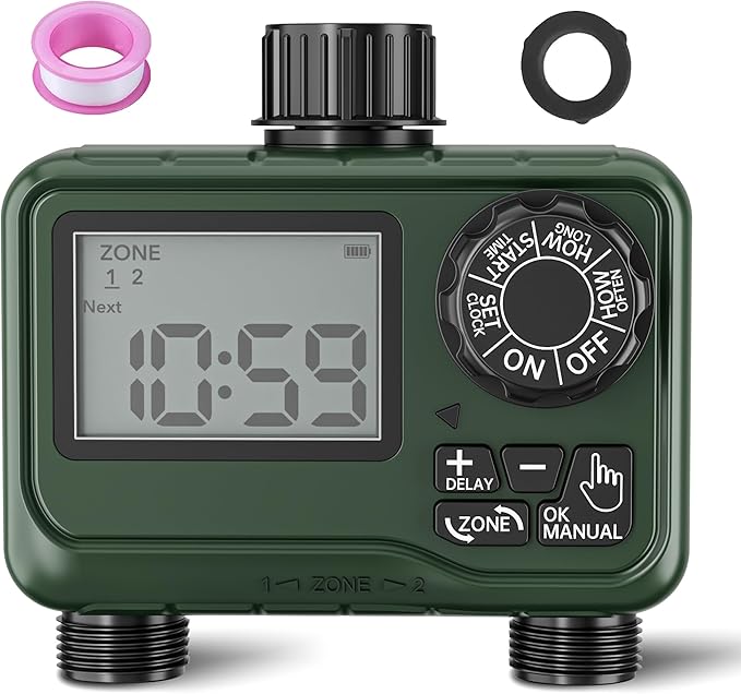 BN-LINK Sprinkler Timer Outdoor - 2 Zone Programmable Water Timer with Rain Delay, Automatic Irrigation System for Lawns & Garden Hoses - Waterproof Manual Controller with Large LCD Display