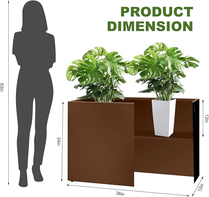 Galvanized Steel Planter Box-No Installation Required Metal Rectangular Block Long Box Planter Modern Outdoor Planters All-Weather Use with Drainage Holes for Patio/Porch, 36×24×12IN（Brown）