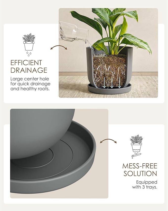 Bamworld Plant Pots Planters for Indoor Plants Flower Pots with Drainage Holes 5/6/7.5 Inch Set of 3 Plastic Planters for Outdoor Plants Garden Pots for Office Room Home Decor Gray