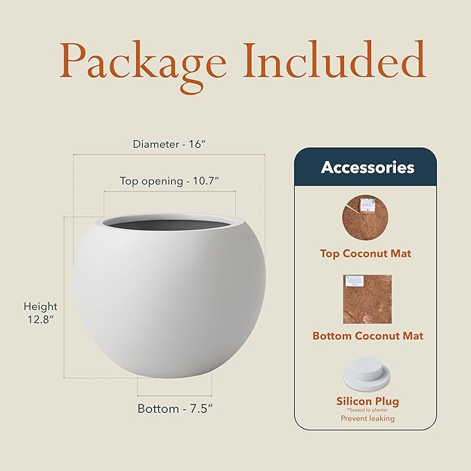 KUTE NEST 12.8" H x 16" D Premium Globo Fiberstone Round Planter - Smooth Finishes, Weather Resistant for Indoor & Outdoor Use, Included 2 Extra Coco Mats (Light Gray, 10.7" Pot Opening)
