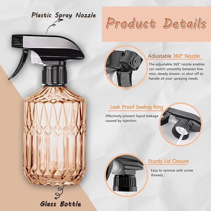 Glass Plant Mister Spray Bottle, 15oz Refillable Water Bottle Spray, Reusable Adjustable Nozzle Plant Mister Spray Bottles Indoor, Plant Mister for Hair, Cleaning, Gardening, Pets Care (Orange)