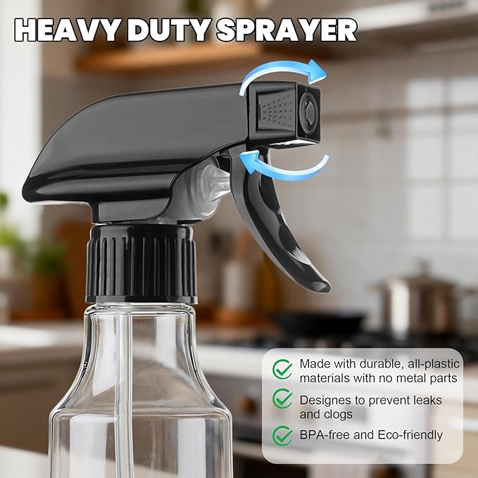 Spray Bottles 12oz/350ml Empty Spray Bottle for Hair Plastic Mist/Stream Spraying Heavy Duty Spray Bottles for Cleaning Solutions, Plants 2 Pack (BlackClear2pcs)