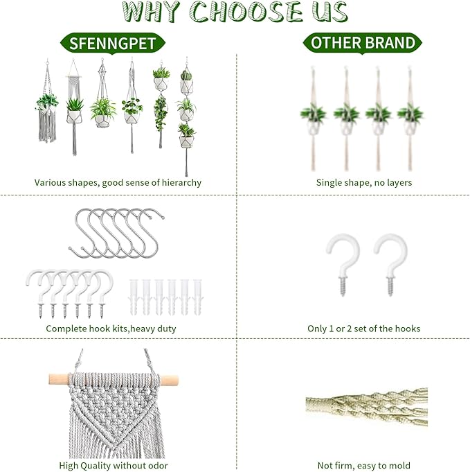 SFENNGPET Macrame Plant Hangers, 6Pack Hanging Planters for Indoor Plants w/ 6 Set Hangers Kit Handmade Macromay Plant Hangers Indoor Flower Pots Holder Stand for Boho Home Décor (POTS NOT Included)