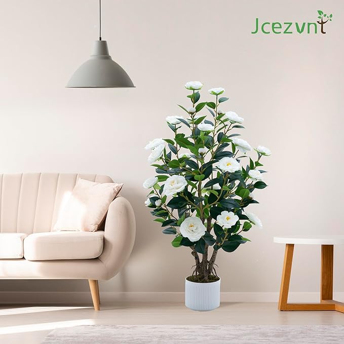 2 Pack Artificial Camellia Tree with White Pot, 38" Faux Potted Plants for Indoor Outdoor Decor, Tall Silk Greenery Plant for Home Offce Living Room Balcony, White