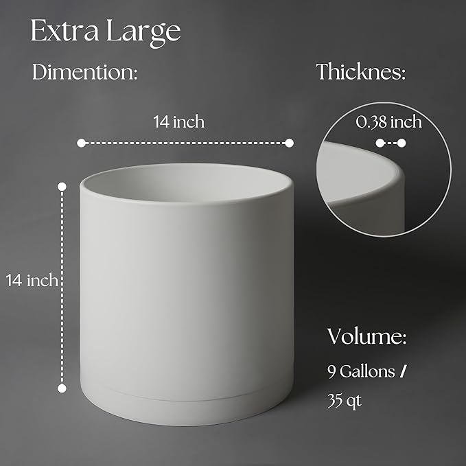 Giraffe Creation 14-Inch Round Cylinder Plant Pot, Modern Indoor/Outdoor Planter with Drainage Hole, Saucer & Water Reservoir, White