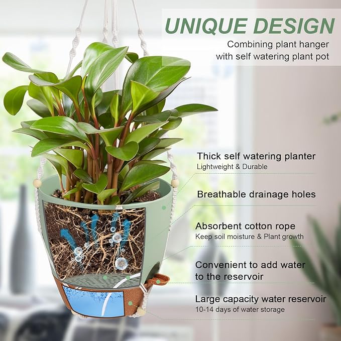 Vanslogreen 41.5 Inch Macrame Plant Hanger Indoor Outdoor with 12 Inch Flower Pot, Hanging Planter for Plants Holder with Wood Beads for Boho Home Decor (Ivory+Green)