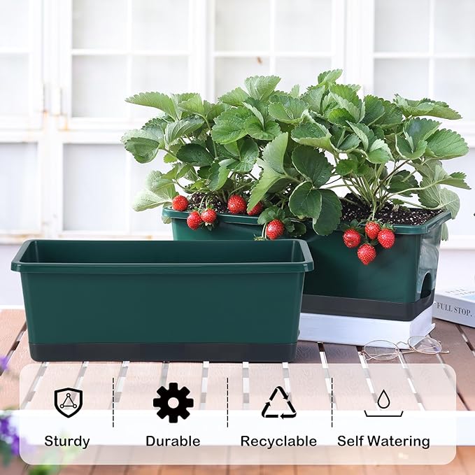 Oliz Window Box Planter 8 Pcs, 17 Inches Rectangle Flower Pots with Drainage Holes & Trays, Vegetable Planters for Windowsill Patio Garden Balcony Home Indoor Outdoor (Dark Green, 16 * 7 * 6 inch)