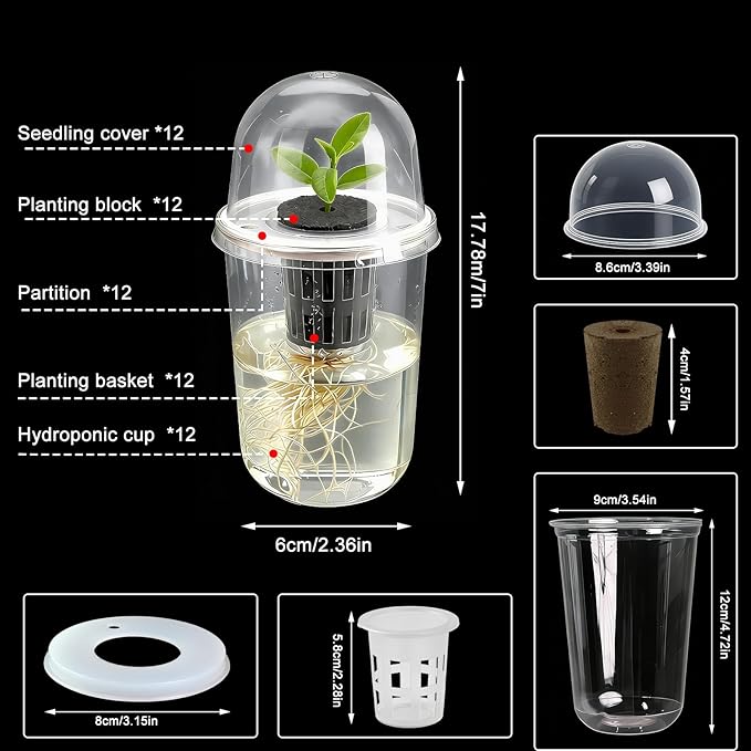 12 Pack Transparent Hydroponic Cups with Humidity Domes, 5in1 Hydroponics Growing System Kit, Clear Self Watering Planters for Indoor Plants, Herbs, Seed Starting, Root Monitoring