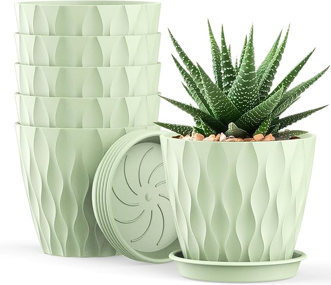 UOUZ 4 Inch Small Pots for Plants, 6 Pack Waffle Texture Small Plant Pots for Succulents, Plastic Planter with Drainage Holes and Saucers for Indoor Outdoor Plants, Flowers, Herbs, Seedlings, Green