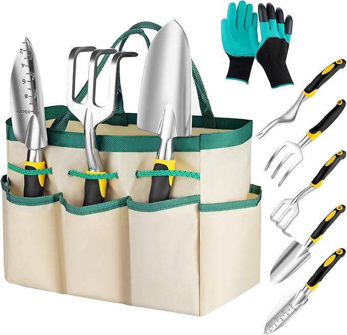 FrutPunch Garden Tools, Ergonomic Gardening Tools, Gardening Hand Tools Aluminum Alloy Material, 7-piece an Ideal Gardening Gift for Women, Men and Parents, Yellow