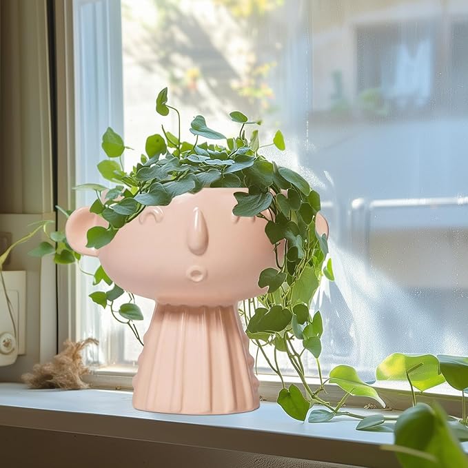 Face Flower Pots - 7 Inch Ceramic Pots for Plants Indoor Outdoor, Decorative Head Planter, Small Cute Succulent Planters with Drainage Hole, Room House Decor, Gifts for Plant Lover, Matte Pink