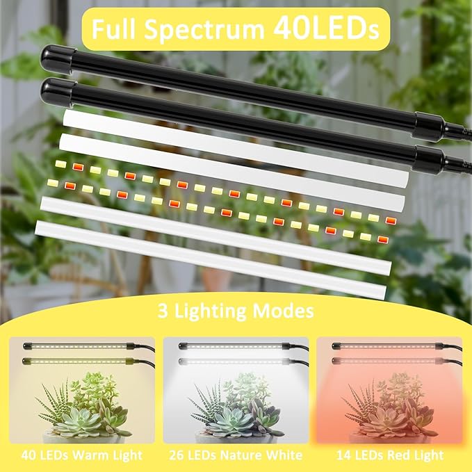 2 Head Plant Lights, 6000K Full Spectrum Grow Light for Flowers, Fruits, Vegetables, Auto On Off Timing, 9 Dimming, 360 Degree Adjustable Grow Lights for Indoor Plants, 2 Pack