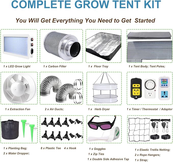 Grow Tent Kit Complete 4x4 ft High Reflective Mylar Hydroponics Indoor Plant Growing Tent with LED Grow Light Ventilaion Fan and Carbon Filter, Growing System+Accesseries (48" x 48" x 80" - Gray)