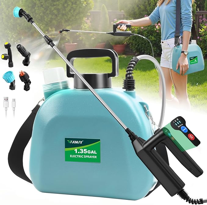 Battery Powered Sprayer 1.35 Gallon, 2026 Electric Garden Sprayer with 3 Adjustable Speeds, 4 Mist Nozzles, Rechargeable Handle, Retractable Wand with Adjustable Shoulder Strap for Weed Lawn(Blue)