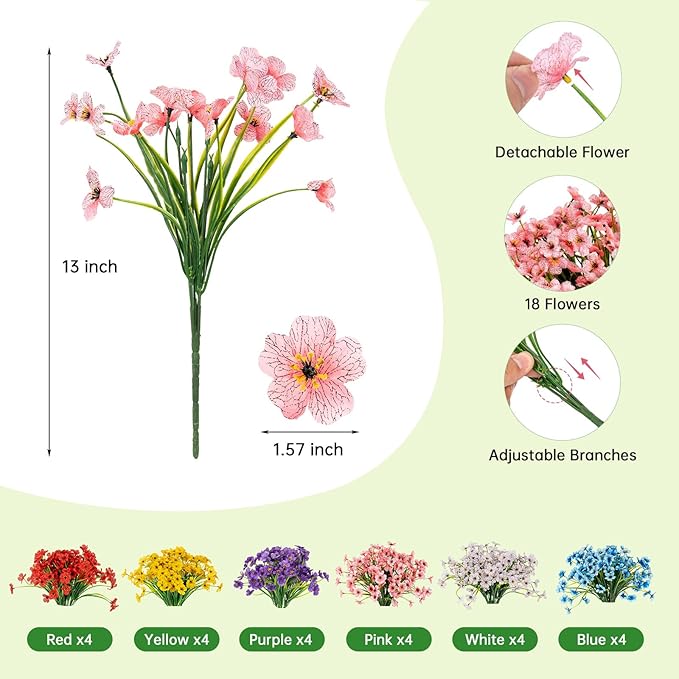 PADONISE 24 Bundles Artificial Flowers for Outdoor Indoor Decor, Fake Silk Flower Plastic Stems UV Resistant for Hanging Plants Spring Summer Bouquet Vase Porch Window Box Wedding Farmhouse Garden