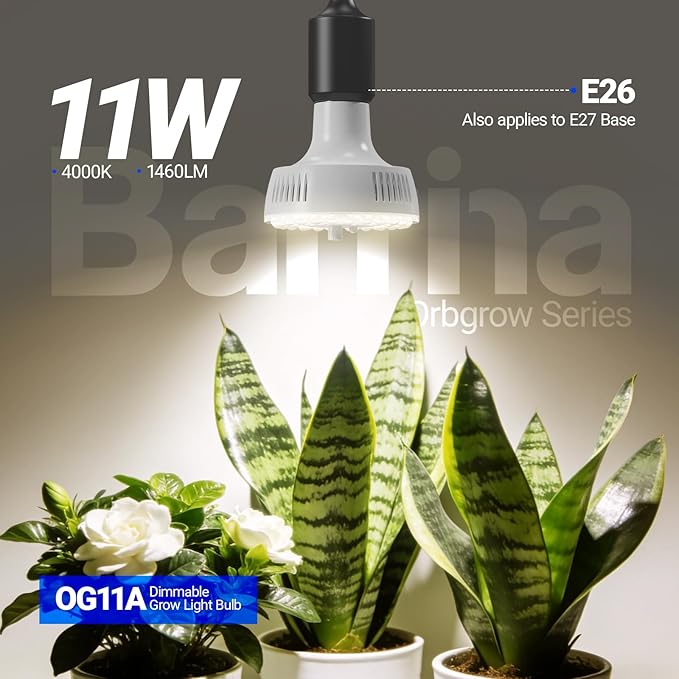 Barrina Orbgrow OG11A Grow Light Bulbs for Indoor Plants, Integrated Dimming & Timing, 4000K 11W(100 Watt Equiv), E26 Plant Light Bulb, Full Spectrum, High PPFD for Seeds and Greens, 1 Pack, White
