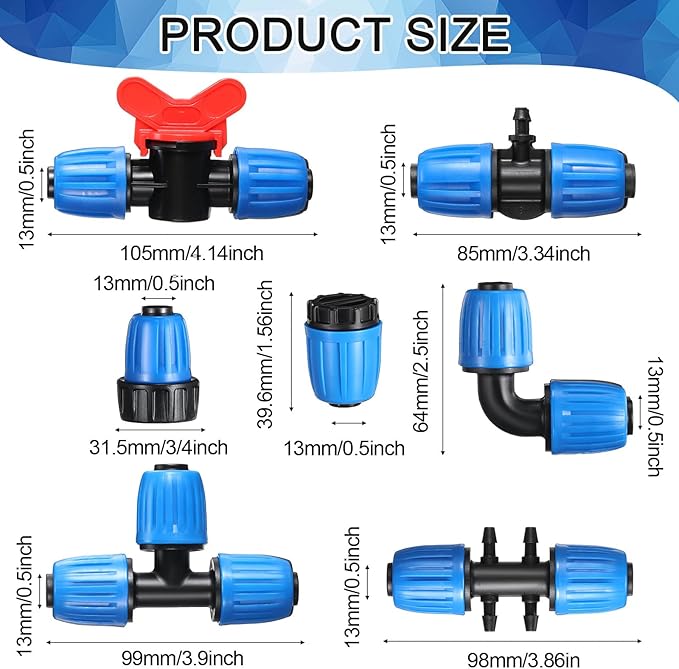 Glooglitter 40 Pcs 1/2" Tubing Irrigation Fittings Kit 1/2 ID x 0.6-0.63 OD 16 mm Drip Irrigation Barbed Connectors Include 6 Switch Valves 18 Barbed Tee 8 Ends 4 Adapters 4 Elbows (Black and Blue)