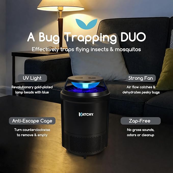 Katchy Indoor Flying Insect Trap – Catcher & Killer for Mosquitoes, Fruit Flies, Gnats & Moths – Non-Zapper with Suction & Blue Light – Ideal for Indoor Spaces, Kitchens & Plants (Original, Black)