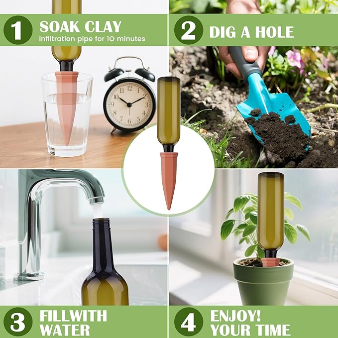 12 Pcs Self Watering Spikes for Plants Terracotta Automatic Plant Waterer Stakes with(25.5 Oz) Plastic PET Bottles, 6 Set Self Watering Globes Keep Plants Watered for 7-9 Days (6, Green)