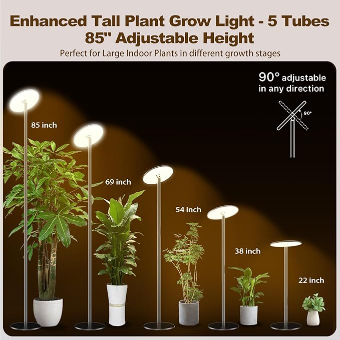40W Full Spectrum Tall Grow Light, 85'' Adjustable Standing Plant Light for Indoor Plants, 10-Level Dimmable with 4/8/12H Timer, Sunlike for Large Plants & Indoor Trees