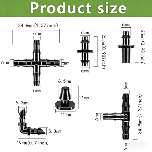 Dianrui 220 PCS Drip Irrigation Kit, Drip Irrigation Parts 1/4'' Tubing Fittings Kit for Garden Lawn Flower Sprinkler Systems-End Plug/ 4-Way Connector/Single barbs/Straight Barbs/Oblique Barbed Tees