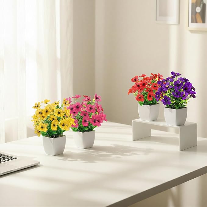 CEWOR Fake Plants 4 Packs Small Faux Potted Flower Daisy with Eucalyptus Leaves Decorations for Desk Bathroom Office Home Room Table Decor Indoor Outdoor
