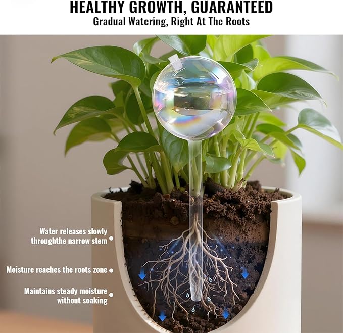 20oz Glass Watering Globes for Plants, 4 Pack Iridescent Self-Watering Bulbs, Top-Fill Opening with Rubber Stopper, Angle-Control Slow Drip, Includes Soil Starter Stick, Indoor Outdoor Vacation Care