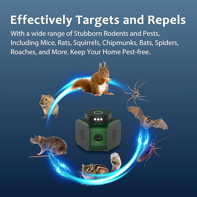 Rodent Repellent Ultrasonic Plug-in Indoor Mouse & Rat Deterrent with 3 Modes and LED Strobe Lights, Pest Control for Attic, Basement, Garage (Green)