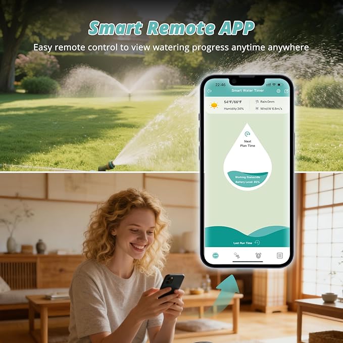 QUOBAS Smart WiFi Water Timer for Garden Hose, 2 Zone Brass Sprinkler Timer with App Control & Rain Delay/Auto/Manual 3 Modes for Drip Irrigation, Pool & Lawn, Battery Powered