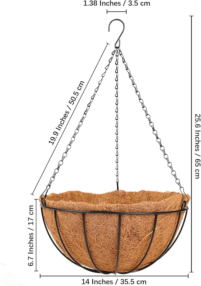 Hanging Basket Planter Plants Outdoor - 4 Pack 14 Inch Metal Hanging Planter with Coco Liners, Chain Hook Hanging Flower Pots for Indoor Outdoor Garden Porch Decoration