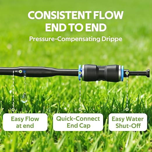 HIRALIY 1/4" Drip Irrigation Tubing Kit, Dripline with 6" Emitter Spacing, Built-in 0.5 GPH Drippers, 6mm 33FT Watering Hose with 2-Way Connector for Garden, Landscape & Greenhouse (Blue, 183FT)