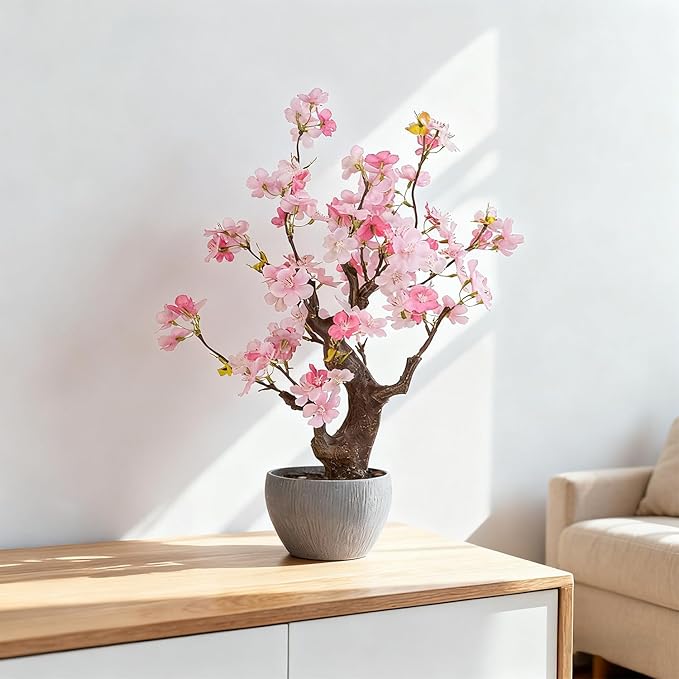 TOARTi Artificial Pink Cherry Blossom Potted Plant with Stone Pot, 18" Tall Fake Flowers Faux Plants Desk Plant, Realistic Plants Home Indoor Decor for for Home Bedroom Bathroom Office Desk