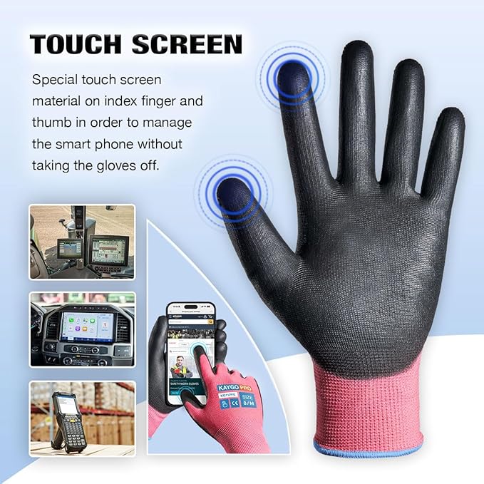 KAYGO Work Gloves PU Coated for Men and Women, 12 Pairs Safety Work Gloves with Two Fingers Touchscreen, Breathable and Lightweight,Ideal for Light Warehouse, Manufacturing, Gardening, KG11P (L,Pink)