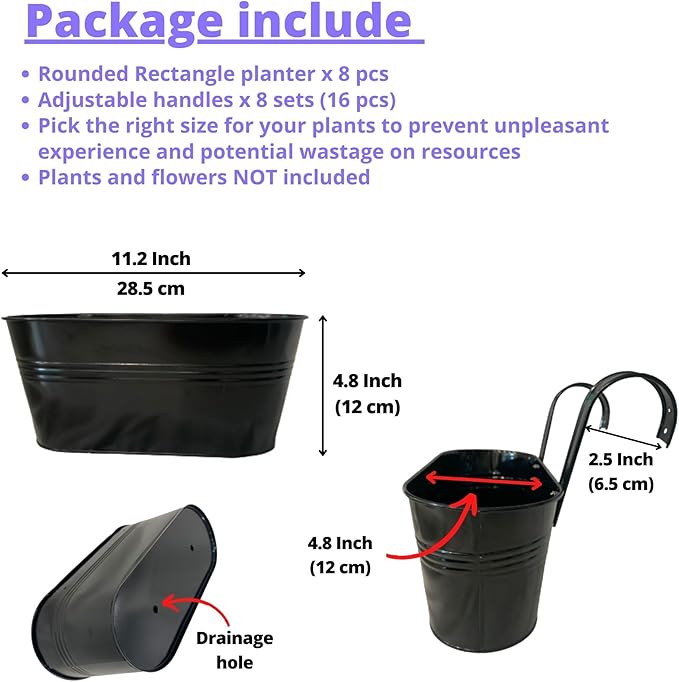 LaLaGreen Outdoor Plants Rail Planter (11.2 Inch, 8 Pack) Black Metal Iron Hanging Flower Pots Deck Railings Fence Buckets Modern Garden Boho Style Wall Mount Window Box Plant Holder Hooks Porch Decor