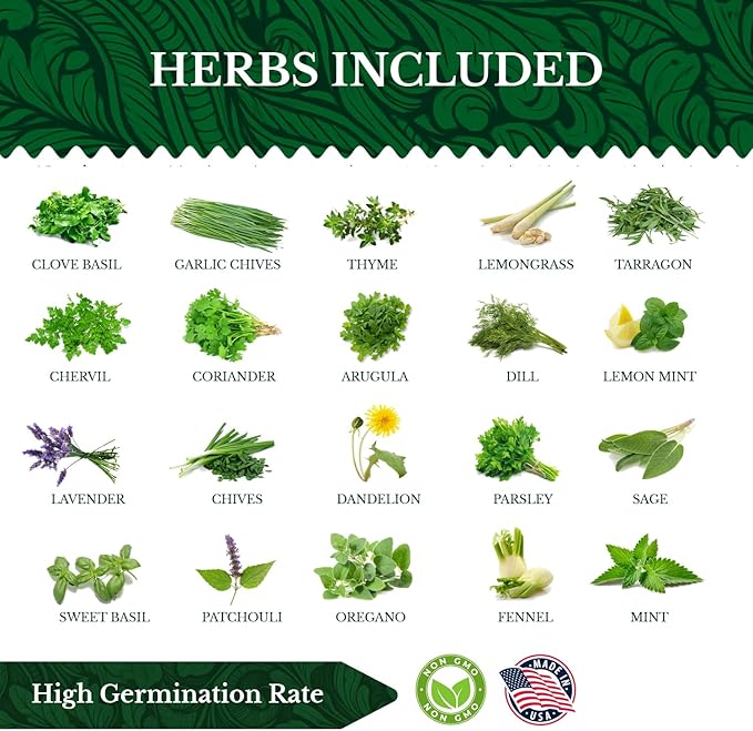 20 HERB Seeds Variety Pack - Complete Grow Kit Culinary Herbs Indoor Outdoors Herb Seeds, Basil, Oregano, Mint, Thyme & More Individually Seed Packets Starter Kit (Seeds Only)
