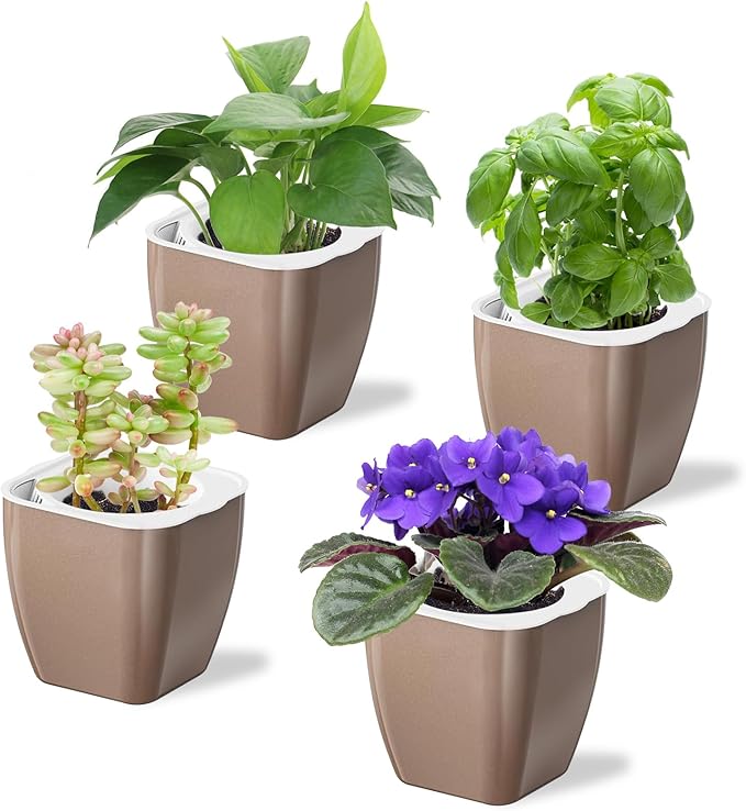 Oliz 4 Pack Self Watering Pots 4-inch Decorative Flower Planters for Indoor Plants Modern Square planters for Small Plants Window Sill Planters for Succulents, African Violets, Herbs(Sliver Gold)