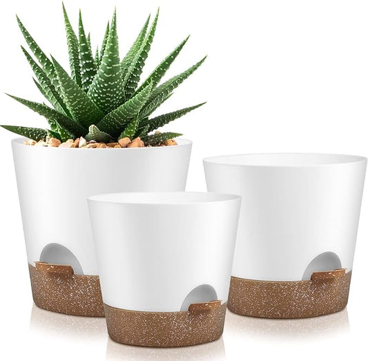 YNNICO Indoor Outdoor Plant Pots- Self Watering Planters with Drainage Holes and Saucers, 9,8, 7.5 Inches, 3 Pots (Snow)