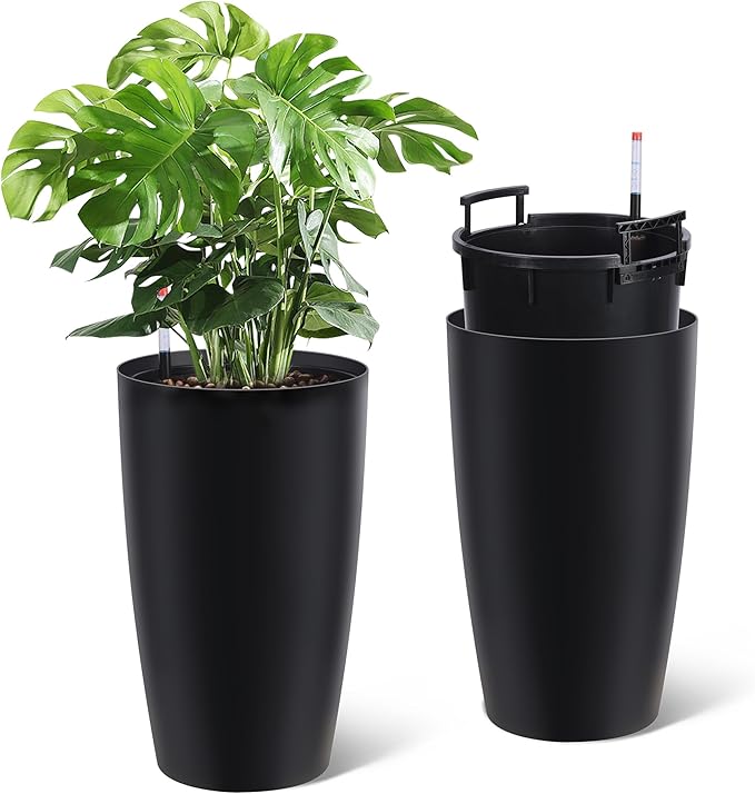 22" Tall Round Planter Set of 2, Self Watering Pots for Indoor Plants, Large Flower Pot Outdoor With Built-In Drainage and a Water Level Monitor, for Patio, Porch, Living Room, or Home Office, Black