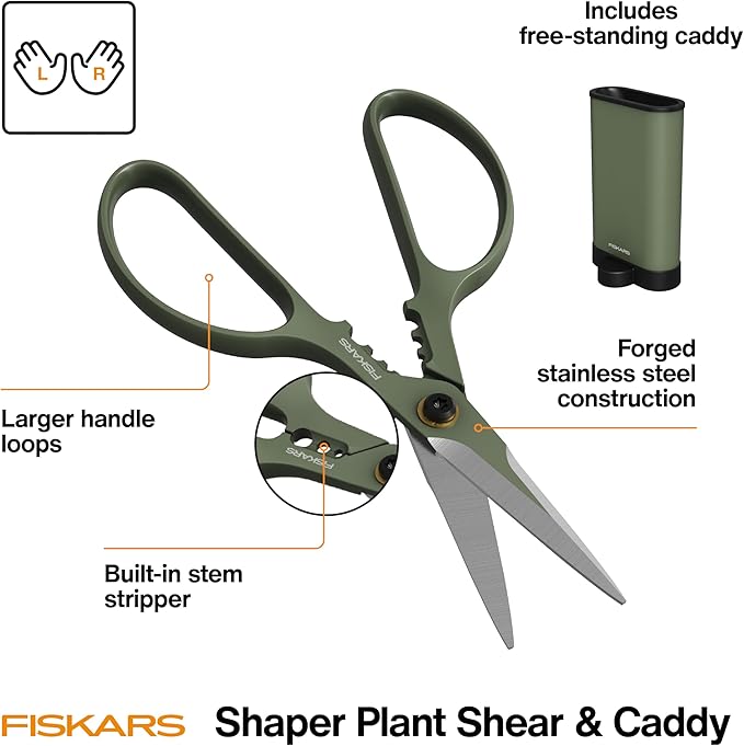Fiskars Plant Shaping Shears & Holder, Precision Indoor Gardening Snips with Storage Caddy, Forged Stainless Steel Blades for Clean Cuts on Broad Leaves, Ambidextrous Handles & Stem Stripper, 6"