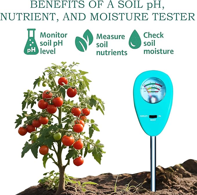 3-in-1 Soil Moisture PH&Moisture&Nutrients Meter and Tester, Upgraded Sturdy Probe for Garden, Lawn, Farm, Indoor & Outdoor Use,No Battery Required (w/rag)