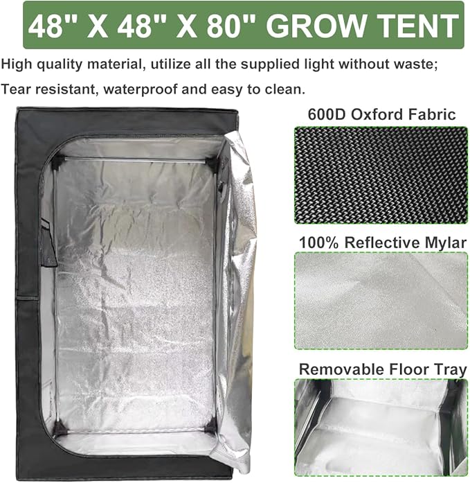 Complete Mylar Growing Tent, 4x4 Grow Tent Kit, 48"x48"x80" Indoor Plant Growing Room LED Full Spectrum Grow Light Ventilation Inline Fan + Acceseries